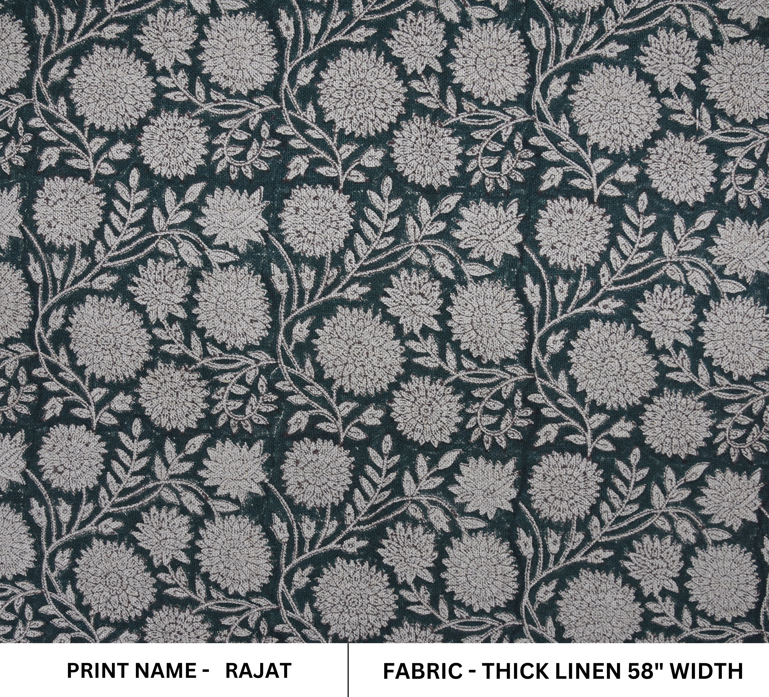 Hand Block Print Thick Linen 58" Wide, Table Curtain Cover, White Floral Pillow Cover, Indian Cushion Cover - Rajat