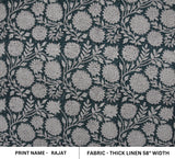 Hand Printing Black and Gray Floral Block Printed Boho Thick Linen Pillow Fabric - RAJAT