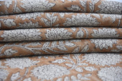 Hand Block Print Thick Linen 58" Wide, Table Curtain Cover, Genuine Fabric, Brown Floral, Indian Cushion Cover - Rajat