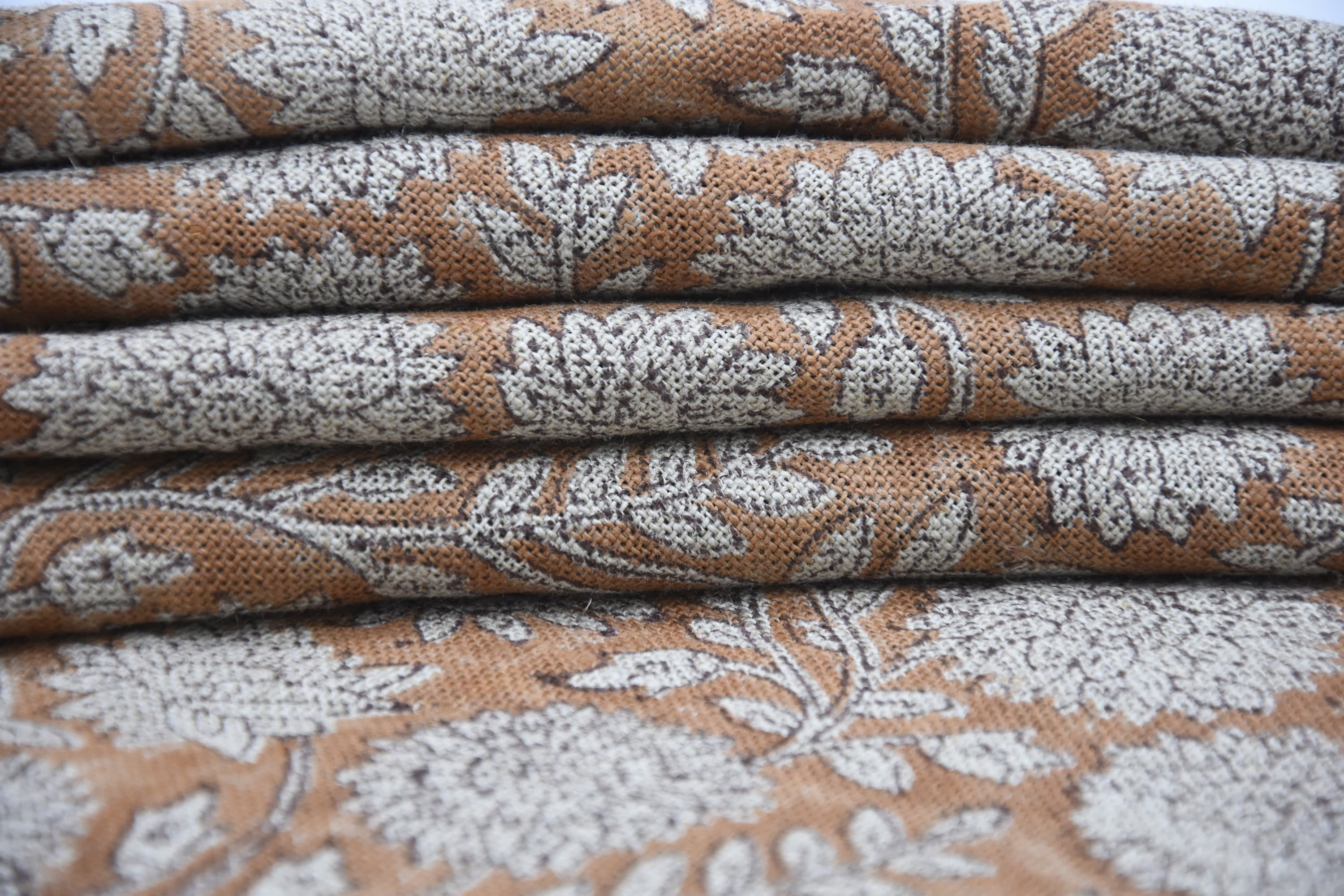 Hand Block Print Thick Linen 58" Wide, Table Curtain Cover, Genuine Fabric, Brown Floral, Indian Cushion Cover - Rajat