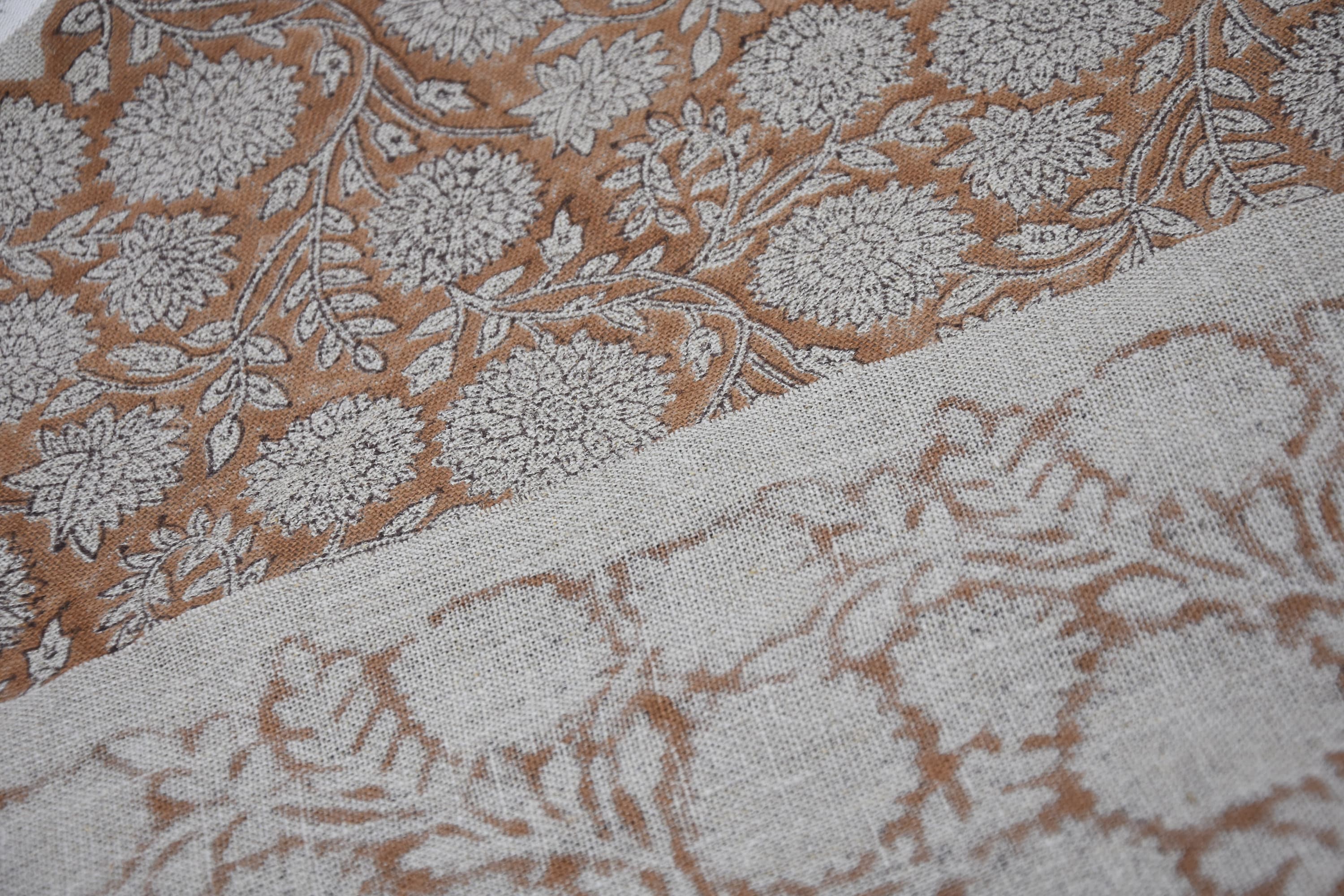 Hand Block Print Thick Linen 58" Wide, Table Curtain Cover, Genuine Fabric, Brown Floral, Indian Cushion Cover - Rajat