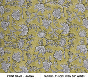 Block Print Thick Linen 58" Wide, Genuine Fabric, Floral, Indian Cushion Cover, Mustard Fabric, decorative pillow - Aasna