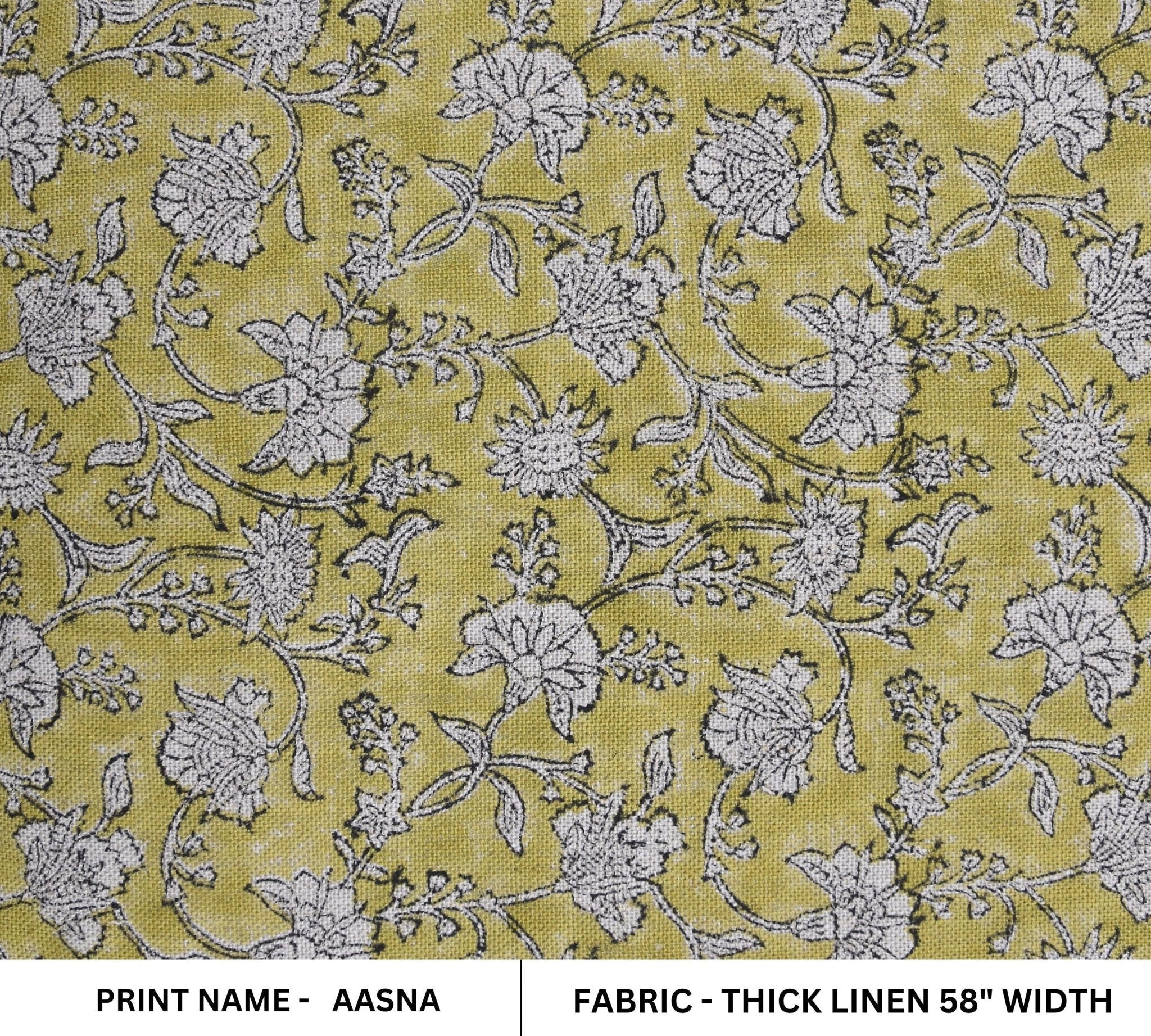 Block Print Thick Linen 58" Wide, Genuine Fabric, Floral, Indian Cushion Cover, Mustard Fabric, decorative pillow - Aasna