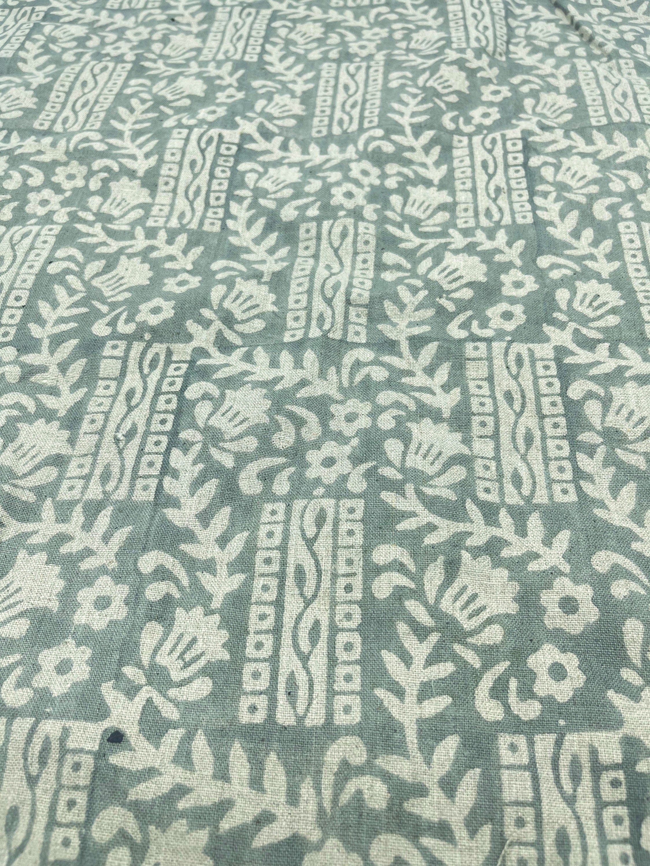 Block print pure linen fabric 58" wide, handloom linen, Indian floral fabric, pillow, sewing, upholstery fabric - Mumtaj greyish green