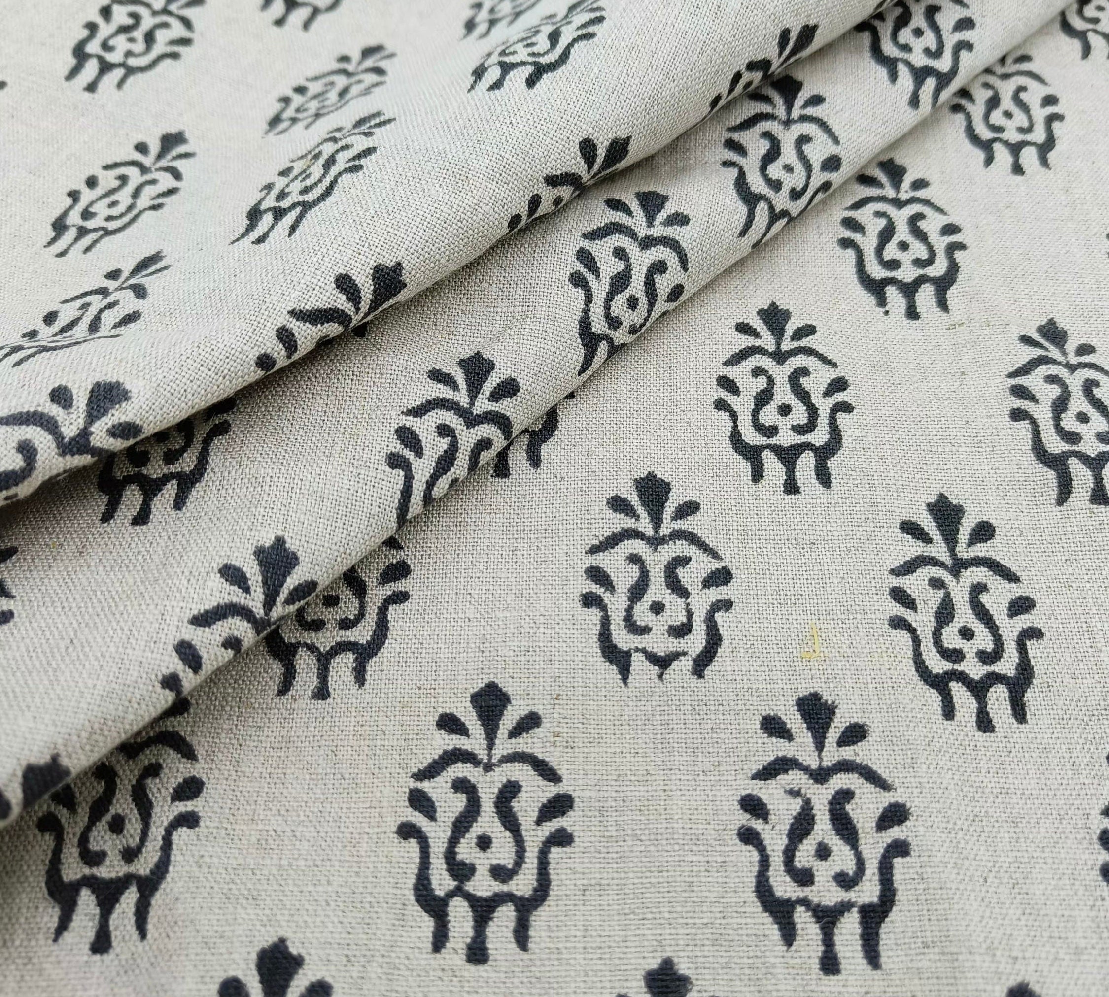 Block Print Pure Linen 58" Wide, luxury fabric Linen, Indian home decor, floral pattern, Organic Linen - Jugnu