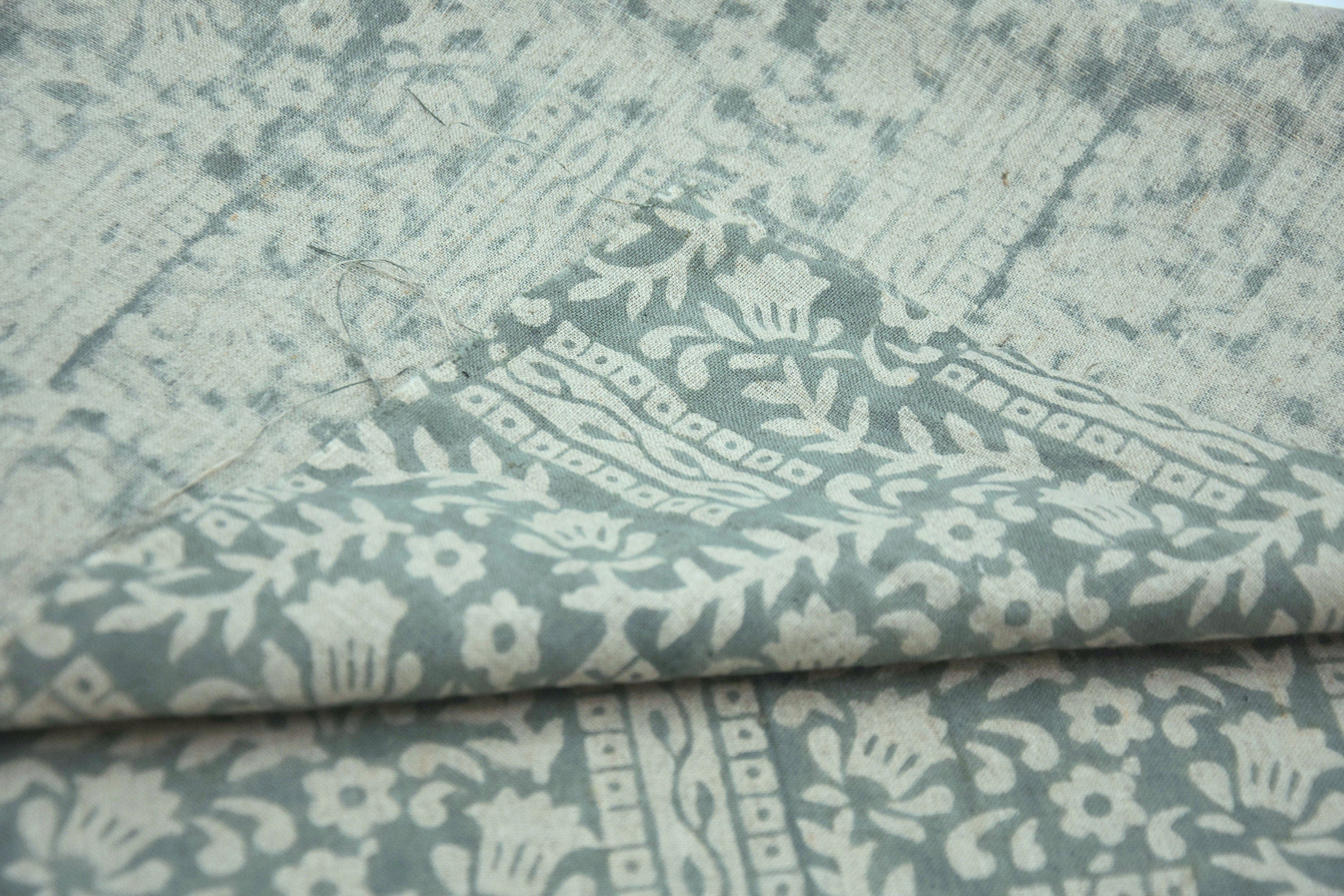 Block print pure linen fabric 58" wide, handloom linen, Indian floral fabric, pillow, sewing, upholstery fabric - Mumtaj greyish green