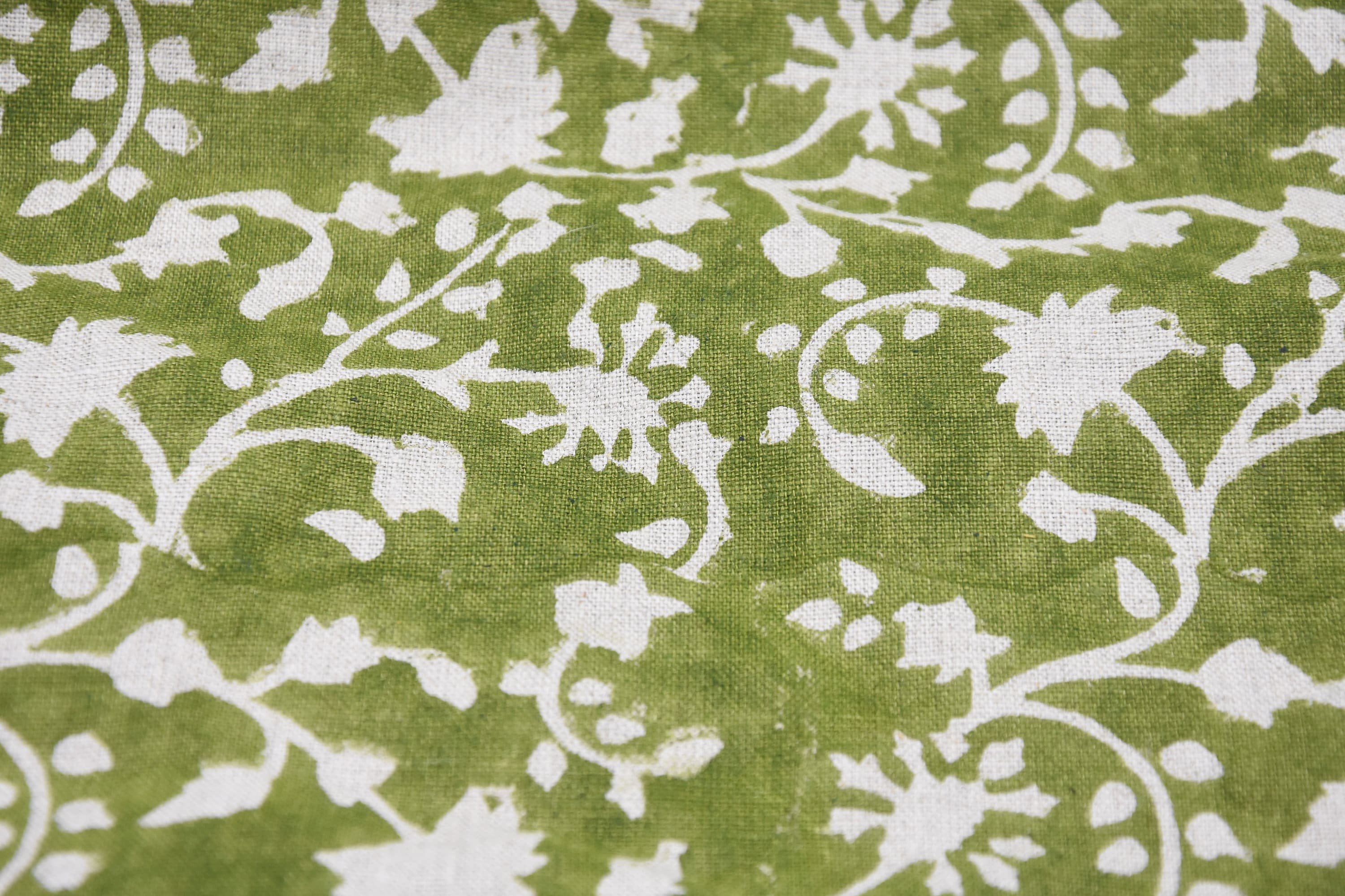 Block Print Pure Linen 58" Wide, Handloom Indian fabric , floral pillow print, upholstery, linen by yard - Firoza Green