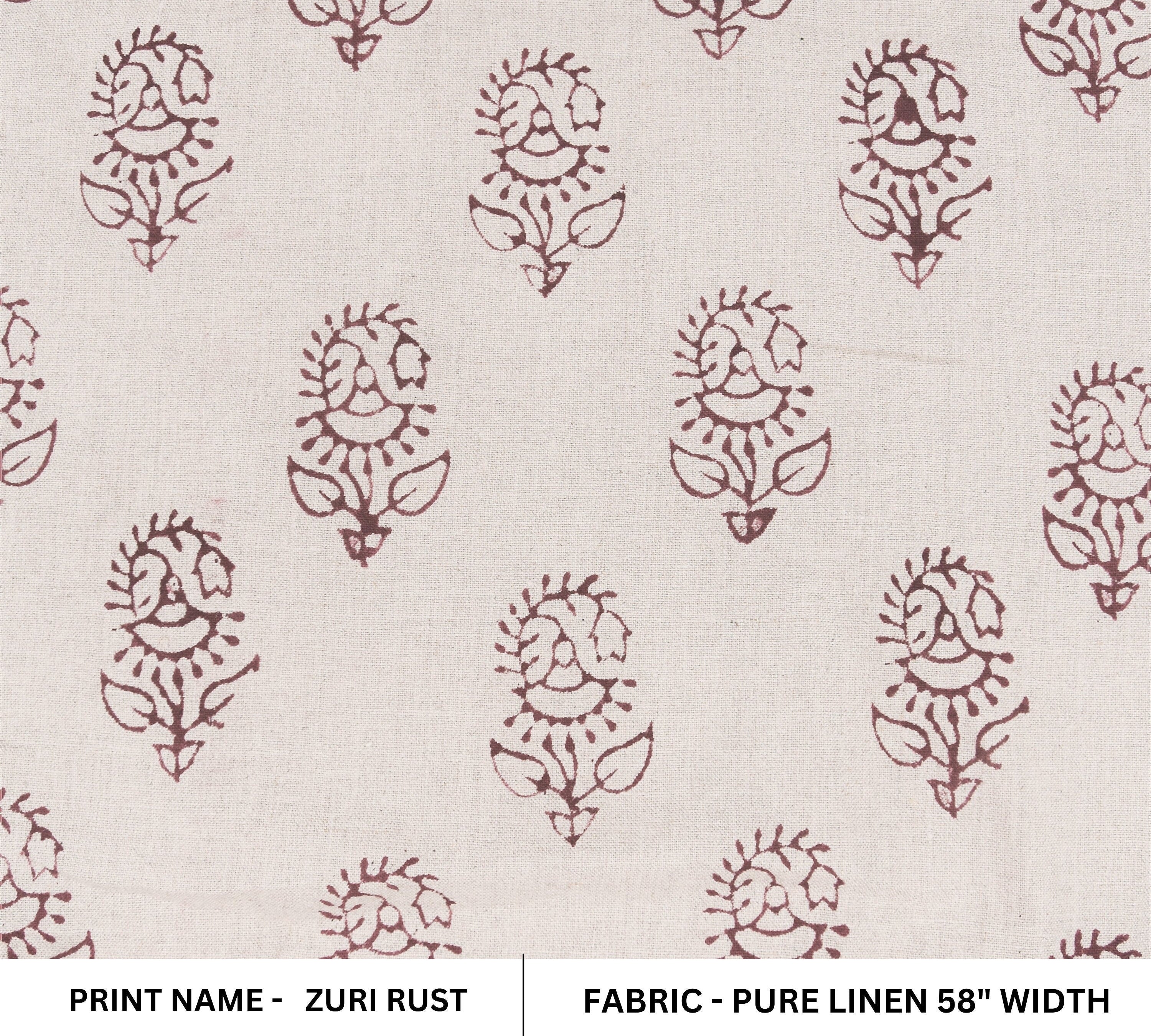 Block Print Pure Linen 58" Wide Indian fabric, Red brown Upholstery Fabric, Curtain Linen By The Yard - Zuri Rust