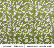 Block Print Pure Linen 58" Wide, Handloom Indian fabric , floral pillow print, upholstery, linen by yard - Firoza Green