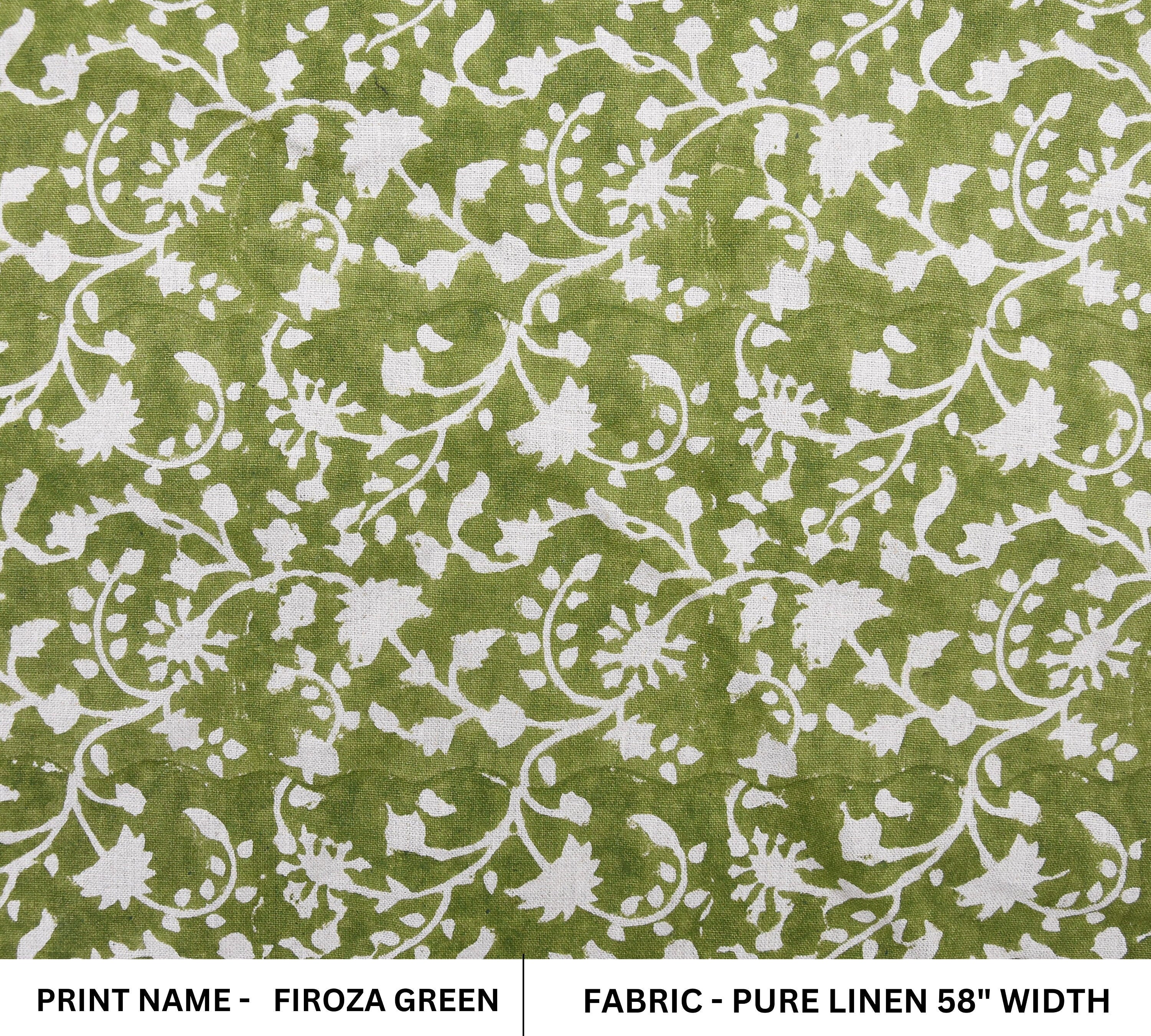 Block Print Pure Linen 58" Wide, Handloom Indian fabric , floral pillow print, upholstery, linen by yard - Firoza Green