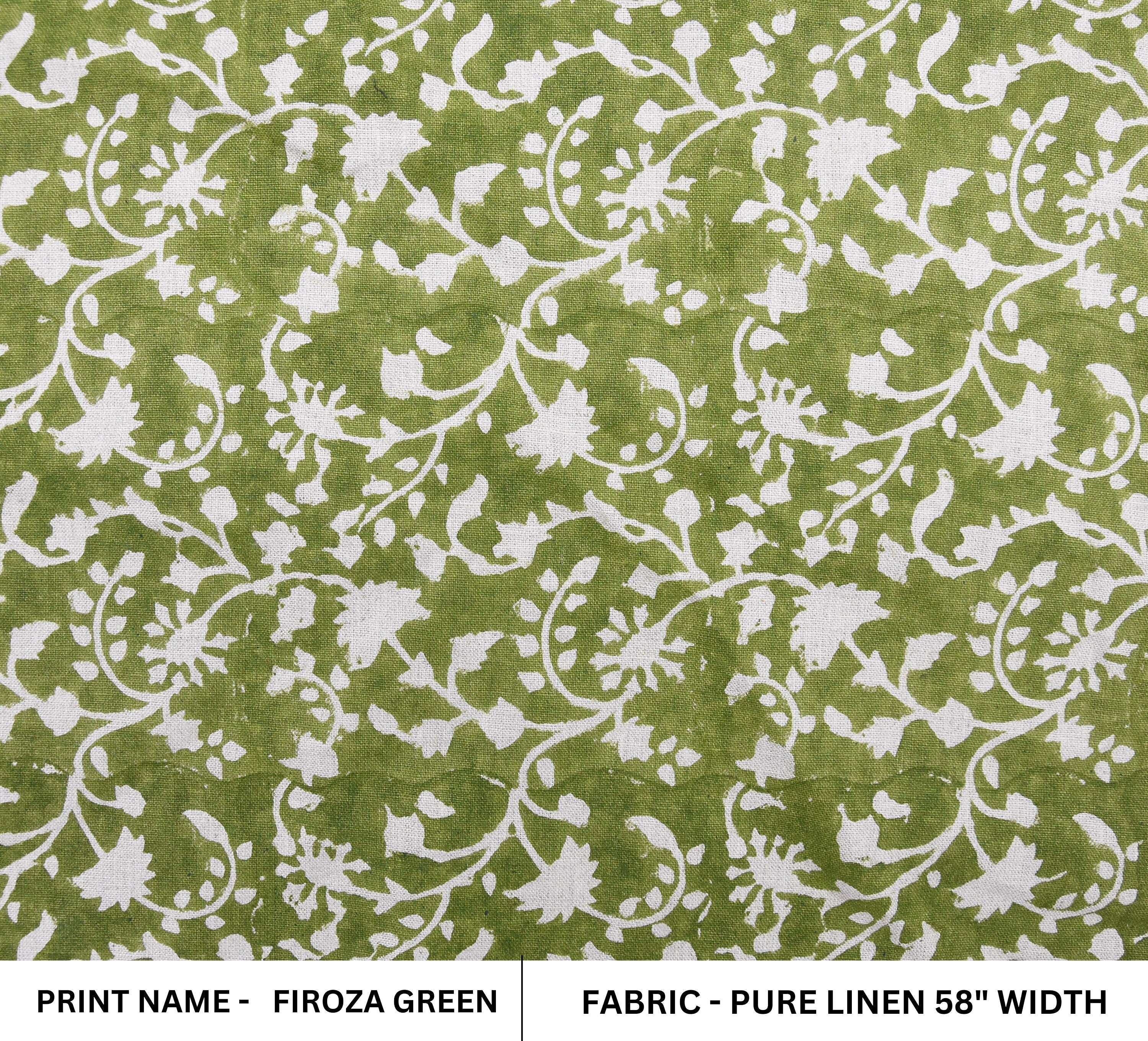 Block Print Pure Linen 58" Wide, Handloom Indian fabric , floral pillow print, upholstery, linen by yard - Firoza Green