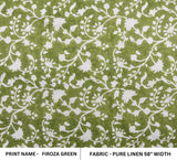 Handcrafted Block Printed 100% Pure Linen Green Floral Farmhouse Decor Fabric - FIROZA