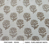 Handstamped Green and Gray Floral Throw Hand Block Printed In Pure Linen Fabric - ROHINI