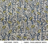 Handmade Blue and Green Floral Block Printed Thick Linen Fabric For Living Room - PISHTA