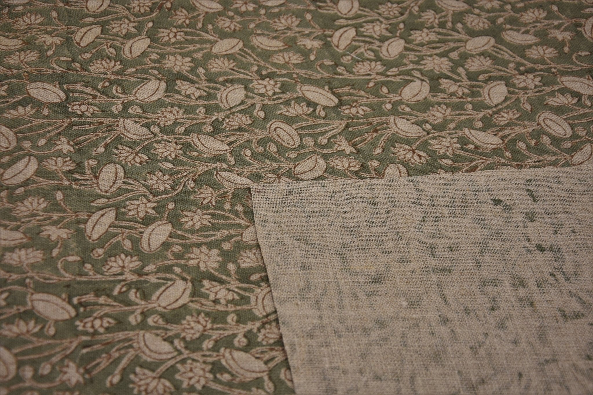 Thick Linen 58" Wide, Indian Fabric, Handmade, Pillow Cover, Sofa and Table Cloth, Pistachio Print, Block Print  - PISHTA