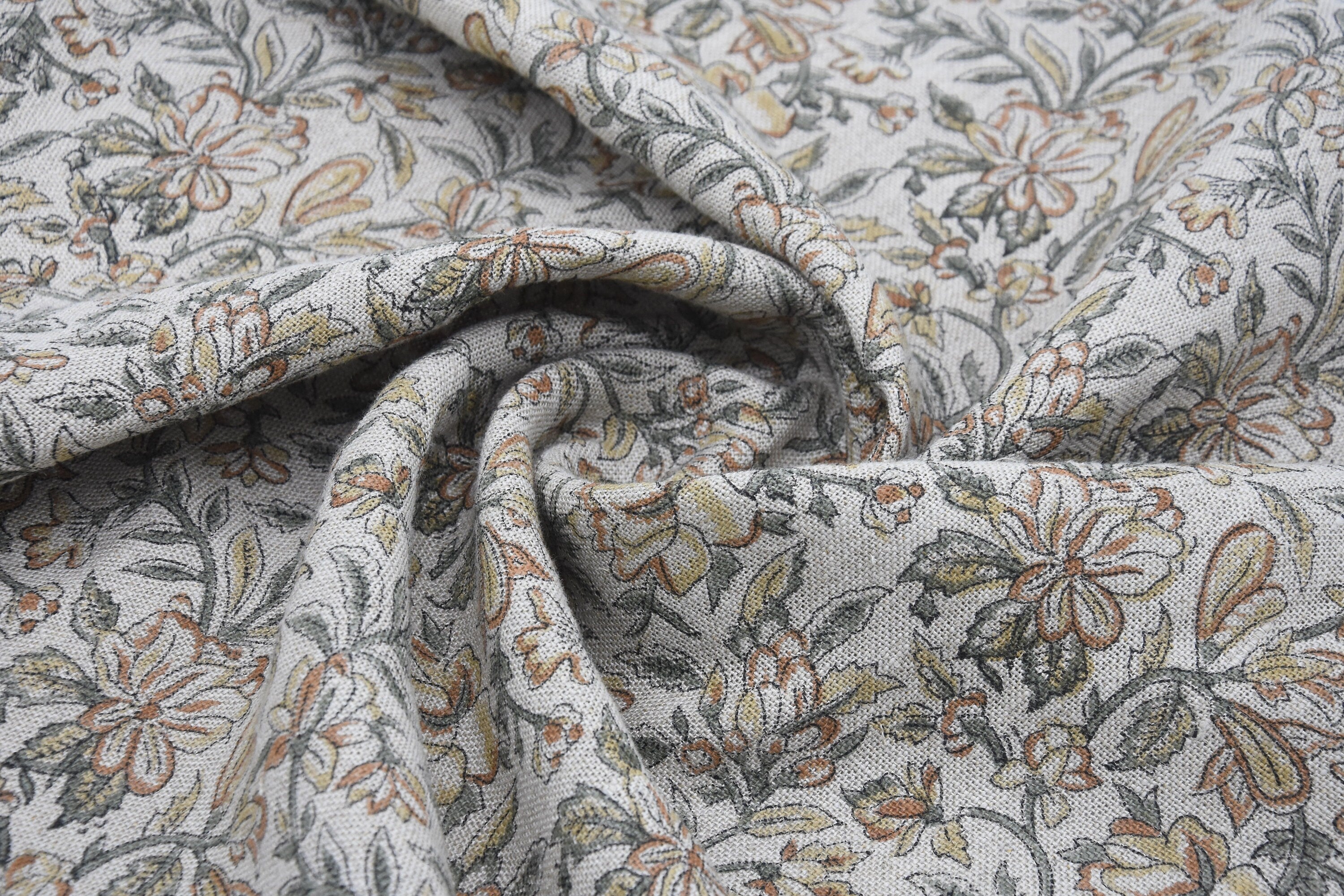 Block Print Thick Linen 58" Wide, Genuine Fabric, Curtain Cover, Beige, Yellow Floral, Indian Cushion Cover - Qurbat