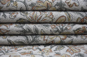 Block Print Thick Linen 58" Wide, Genuine Fabric, Curtain Cover, Beige, Yellow Floral, Indian Cushion Cover - Qurbat