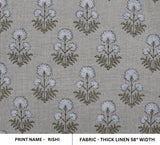 Hand Block Printed Green and Gray Floral Fabric for Roman Shade in Thick Linen - Rishi