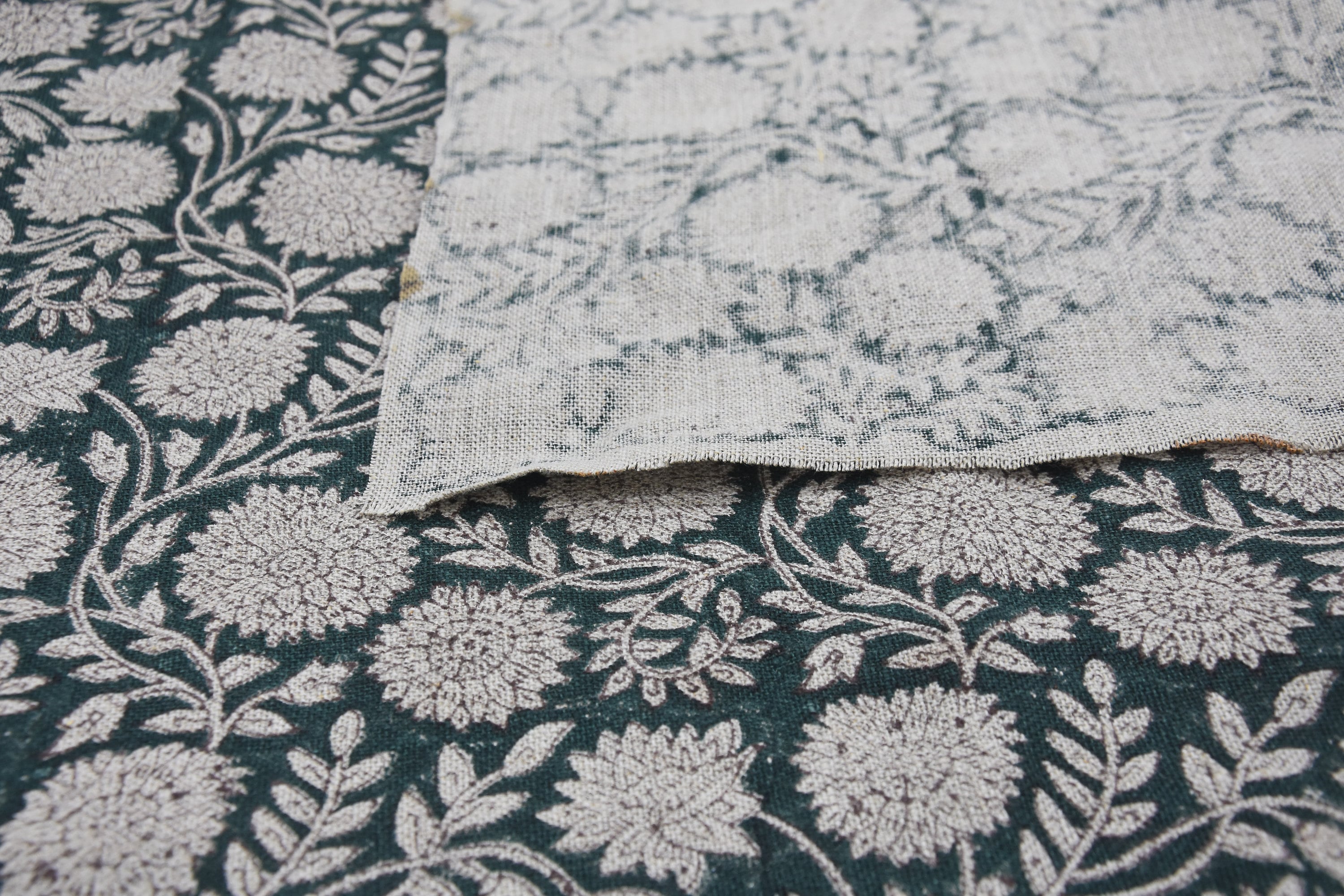 Hand Block Print Thick Linen 58" Wide, Table Curtain Cover, White Floral Pillow Cover, Indian Cushion Cover - Rajat