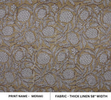 Handmade Throw Gray and Green Floral Block Printed Thick Linen Fabric For Farmhouse Decor - MERAKI