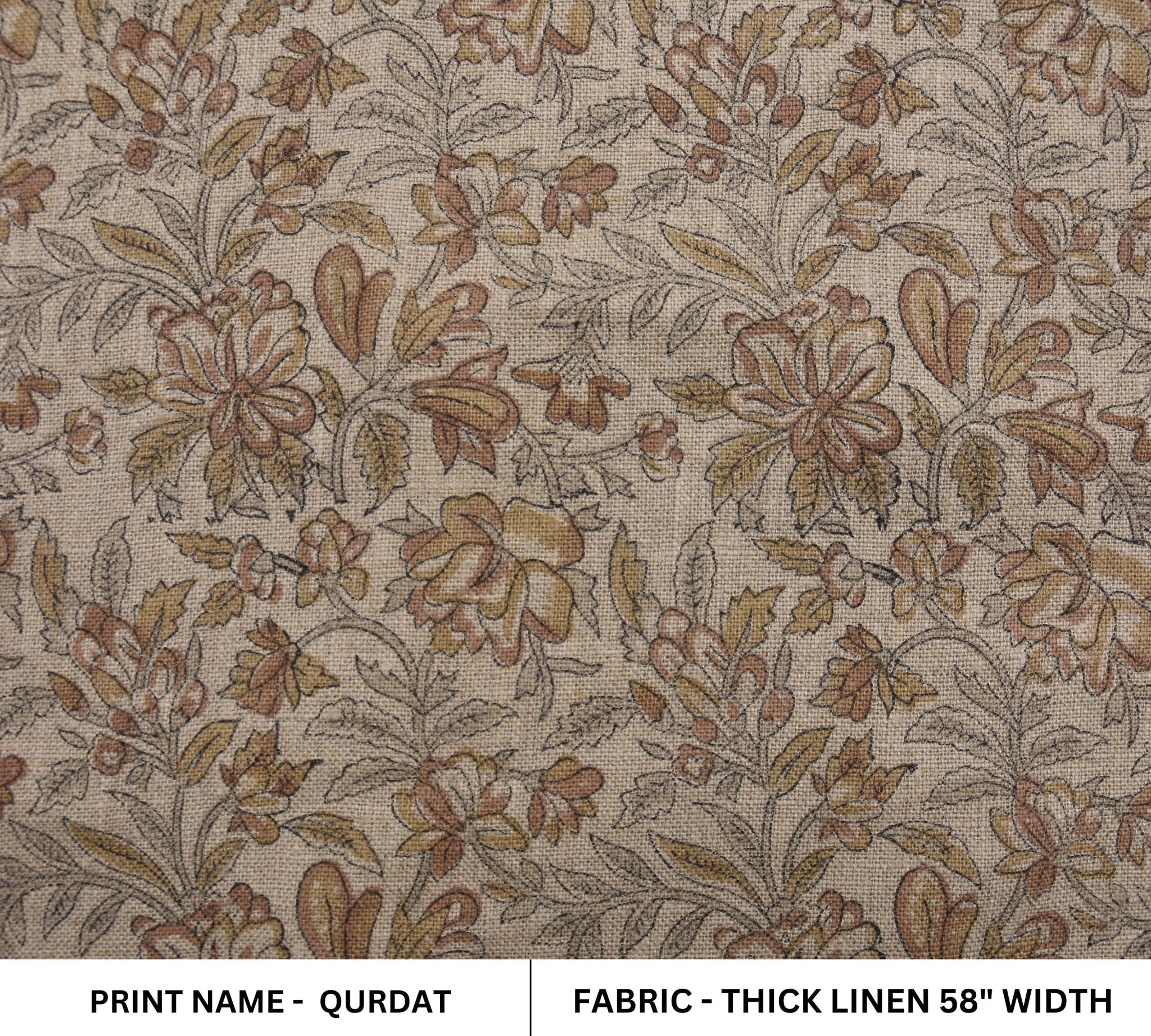 Hand block Thick Linen 58" Wide, Linen the Yard, Floral Fabric by The Yard, Upholstery Cushion Cover Fabric - QUDRAT