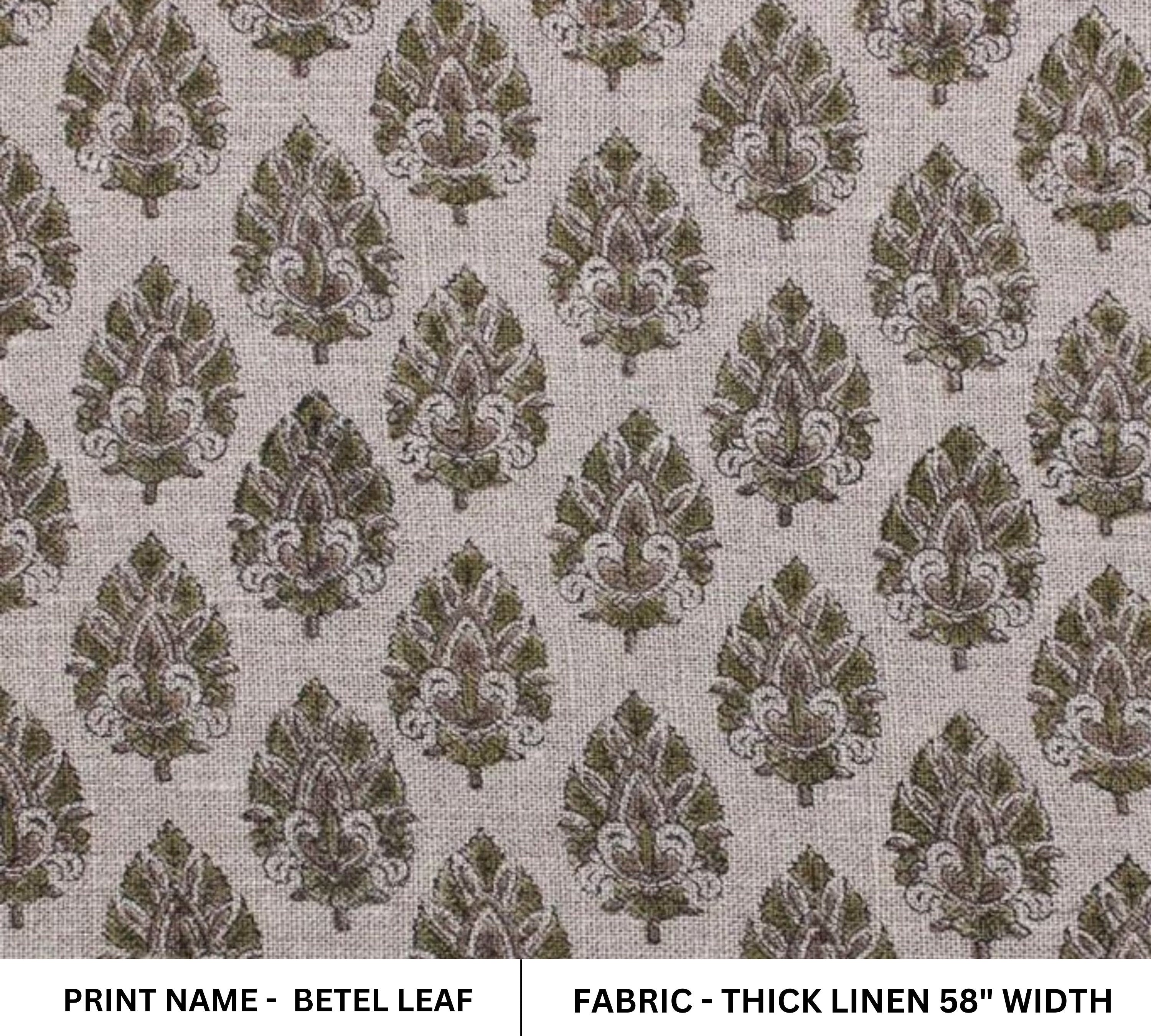 Hand block print, Thick Linen 58" Wide, Indian fabric, Floral Print, Linen Fabric By The Yard, Natural Linen - Betel Leaf