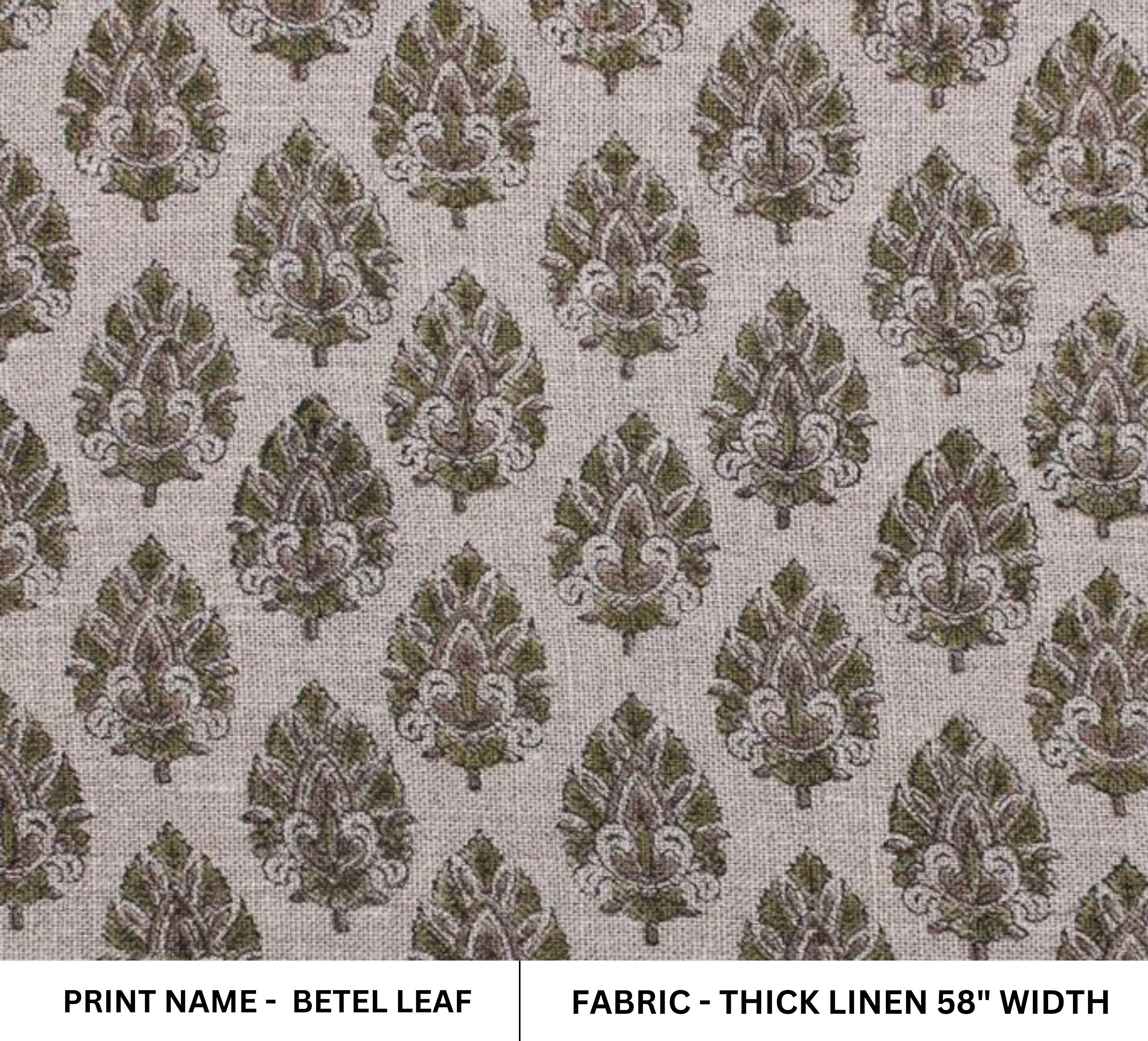 Hand block print, Thick Linen 58" Wide, Indian fabric, Floral Print, Linen Fabric By The Yard, Natural Linen - Betel Leaf