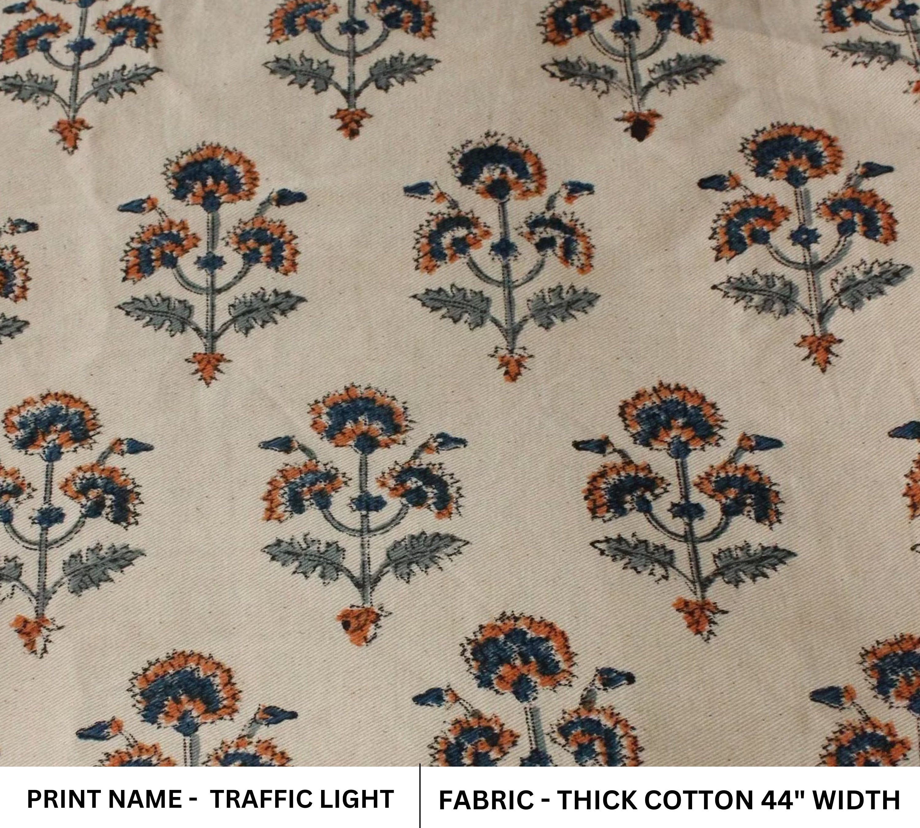 Thick Cotton 44" Wide, Block Print, Handmade, Indian Cushion Cover, Sofa and Table Cloth, Floral Printed - TRAFFIC LIGHT