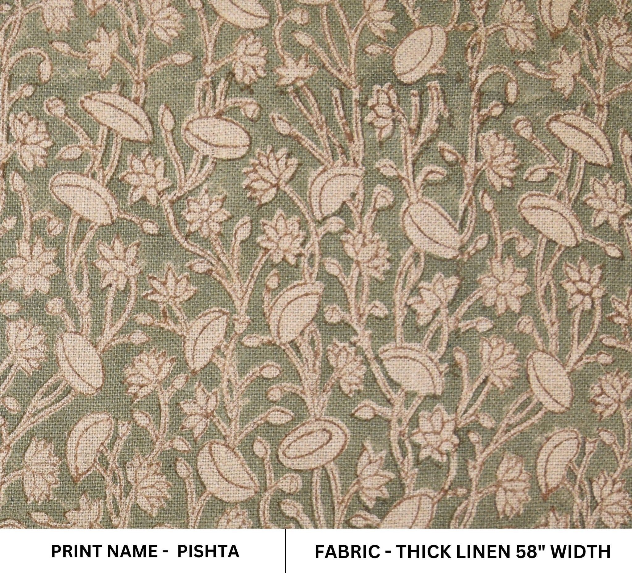 Thick Linen 58" Wide, Indian Fabric, Handmade, Pillow Cover, Sofa and Table Cloth, Pistachio Print, Block Print  - PISHTA