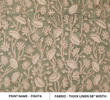 Light Green Hand Block Printed Thick Linen Fabric with Artisan Leaf Motif for Elegant Room Decor - PISHTA