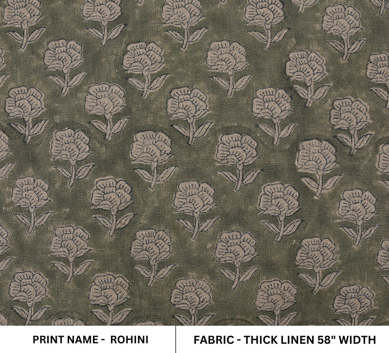 Rohini Green Floral Hand Block Printed Thick Linen Fabric by Fabritual