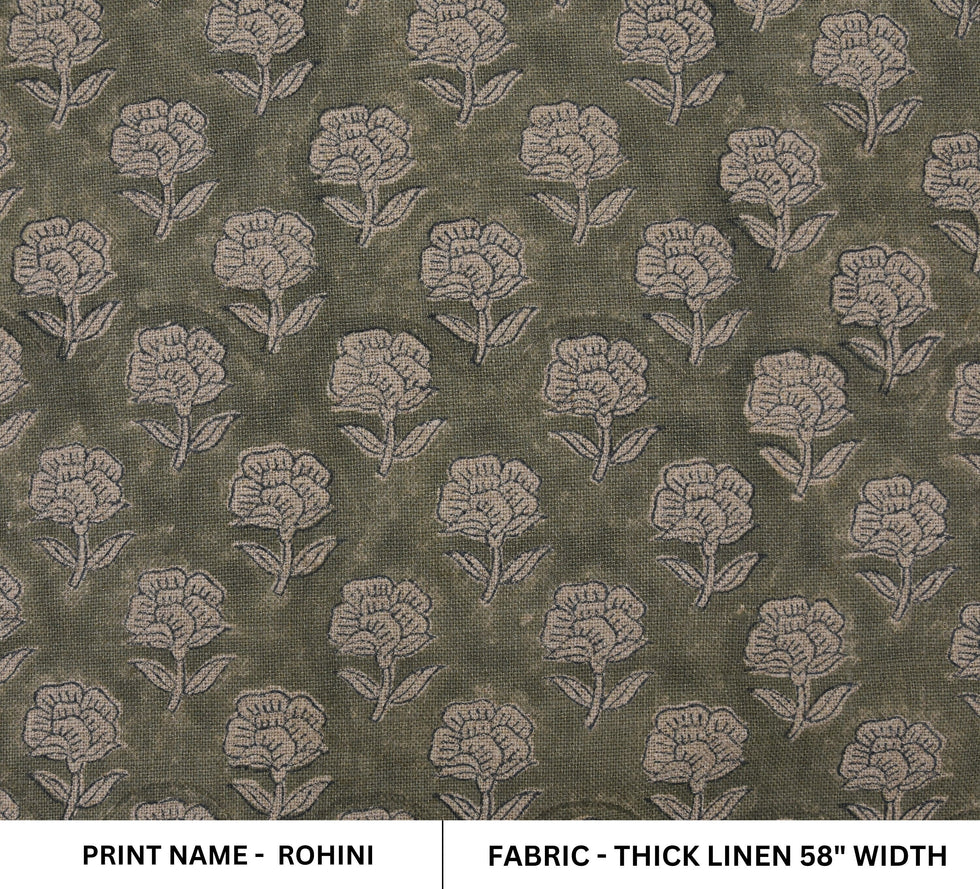 Rohini Green floral hand block printed linen fabric by Fabritual