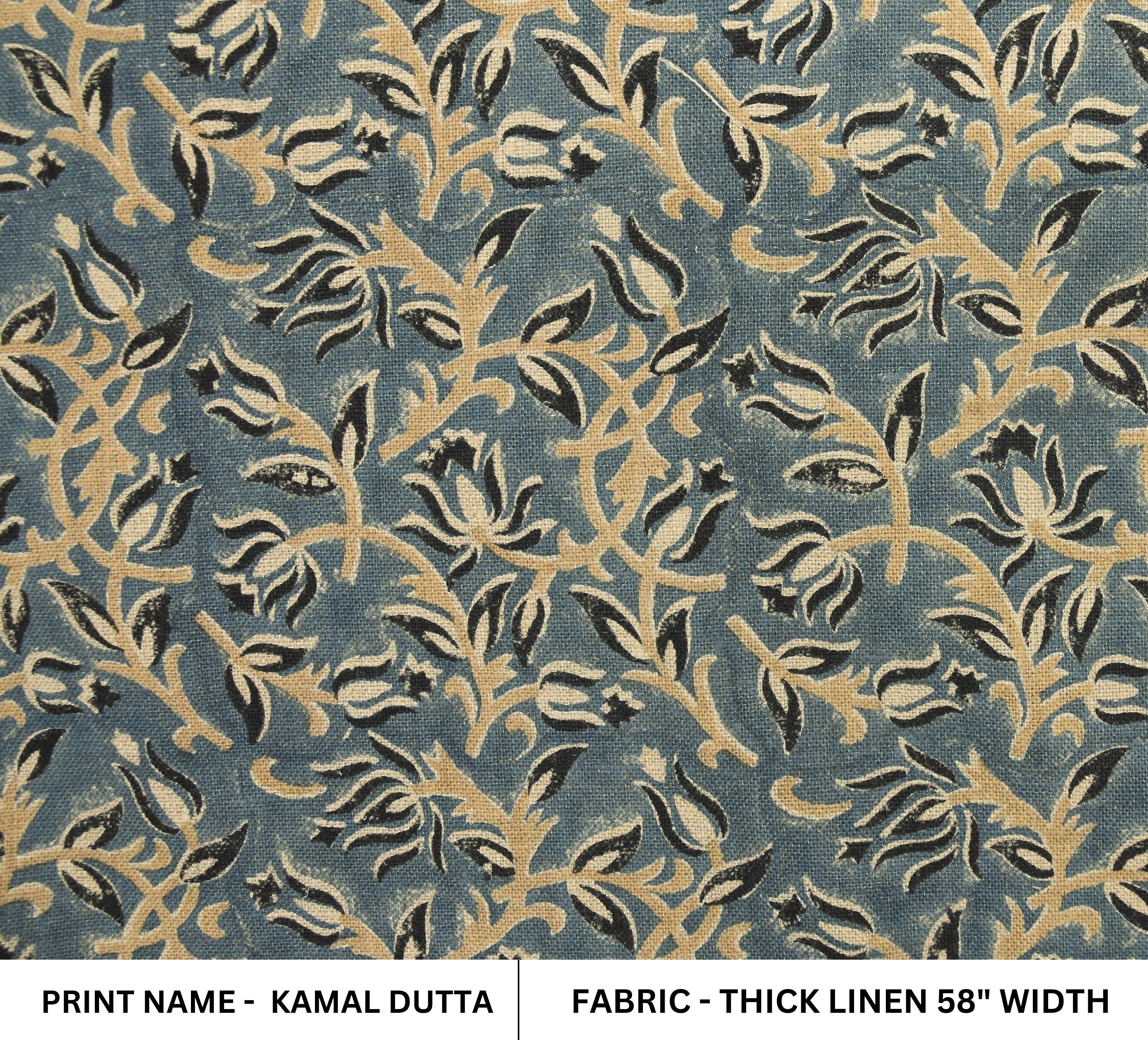 Thick Linen 58" Wide, Block Print Fabric, Floral Print, Indian Curtain Cover, Pillow Cover, Fabric By Yard - KAMAL DUTTA