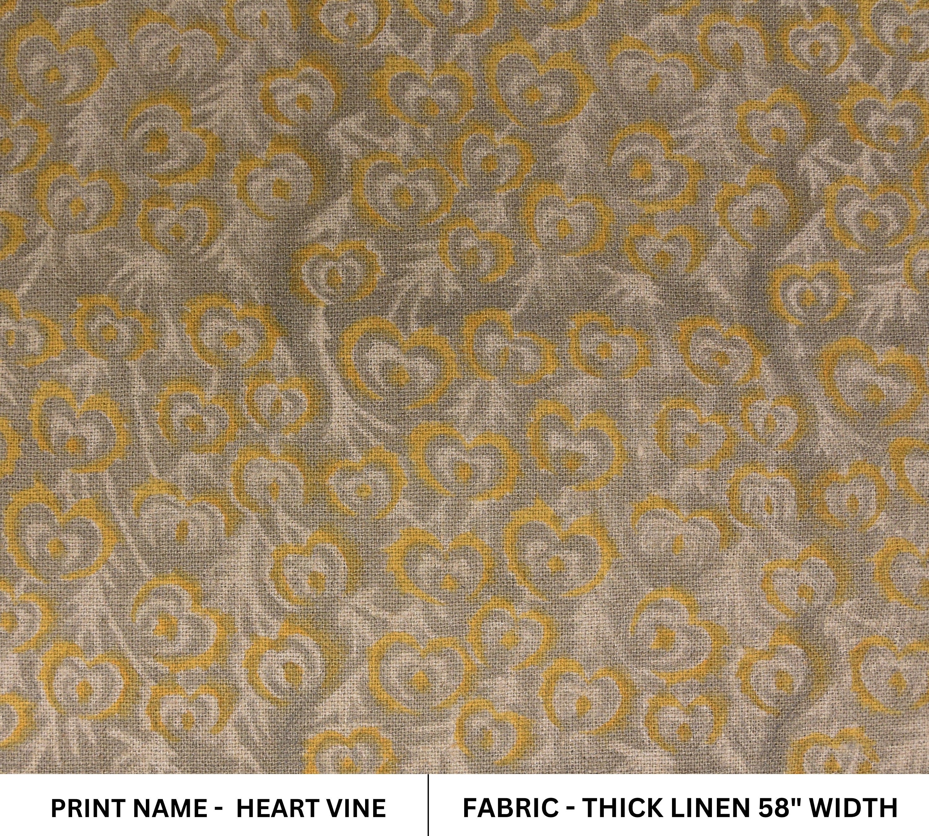 Hand Block Print, Thick Linen 58" Wide, Indian Cushion Cover, Pillow Cover, Sofa and Table Cloth, Heart Print - Heart Vine