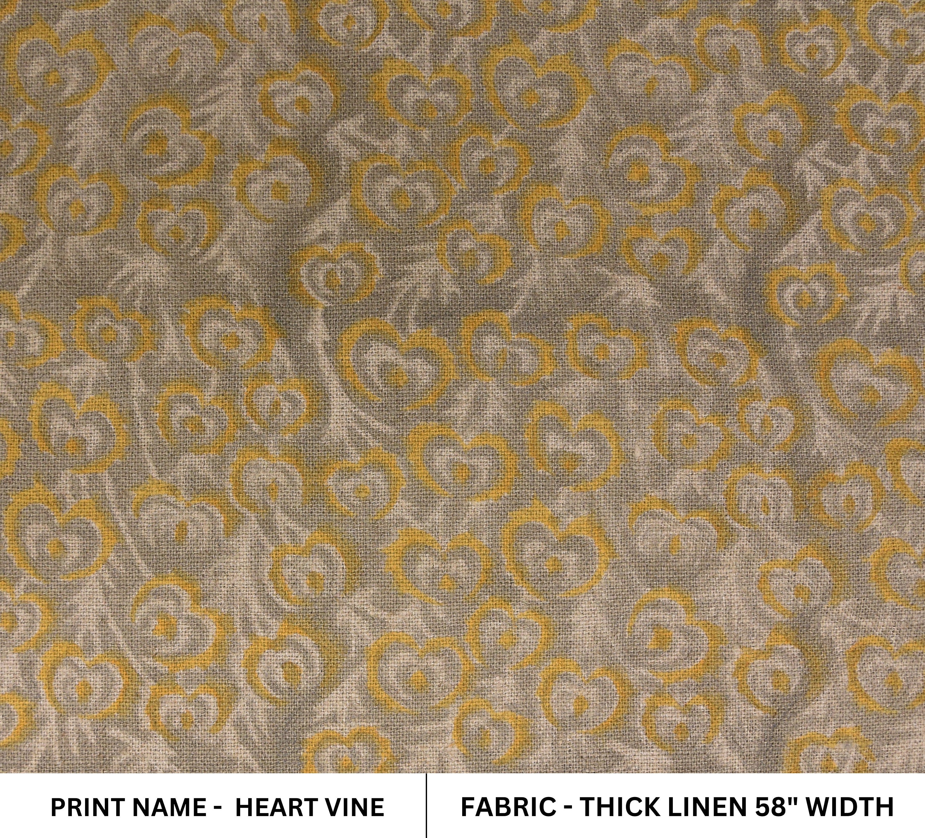 Hand Block Print, Thick Linen 58" Wide, Indian Cushion Cover, Pillow Cover, Sofa and Table Cloth, Heart Print - Heart Vine