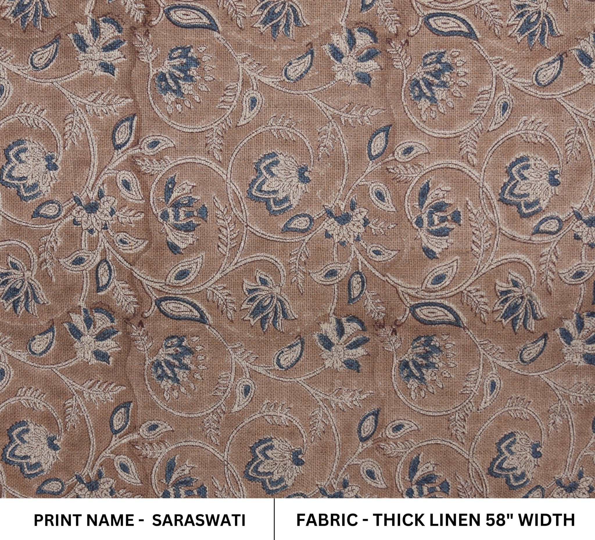 Block Print Thick Linen 58" Wide, Floral Print, Indian Fabric, Home Decor, Handcrafted Linen Fabric Table Cloth - SARASWATI