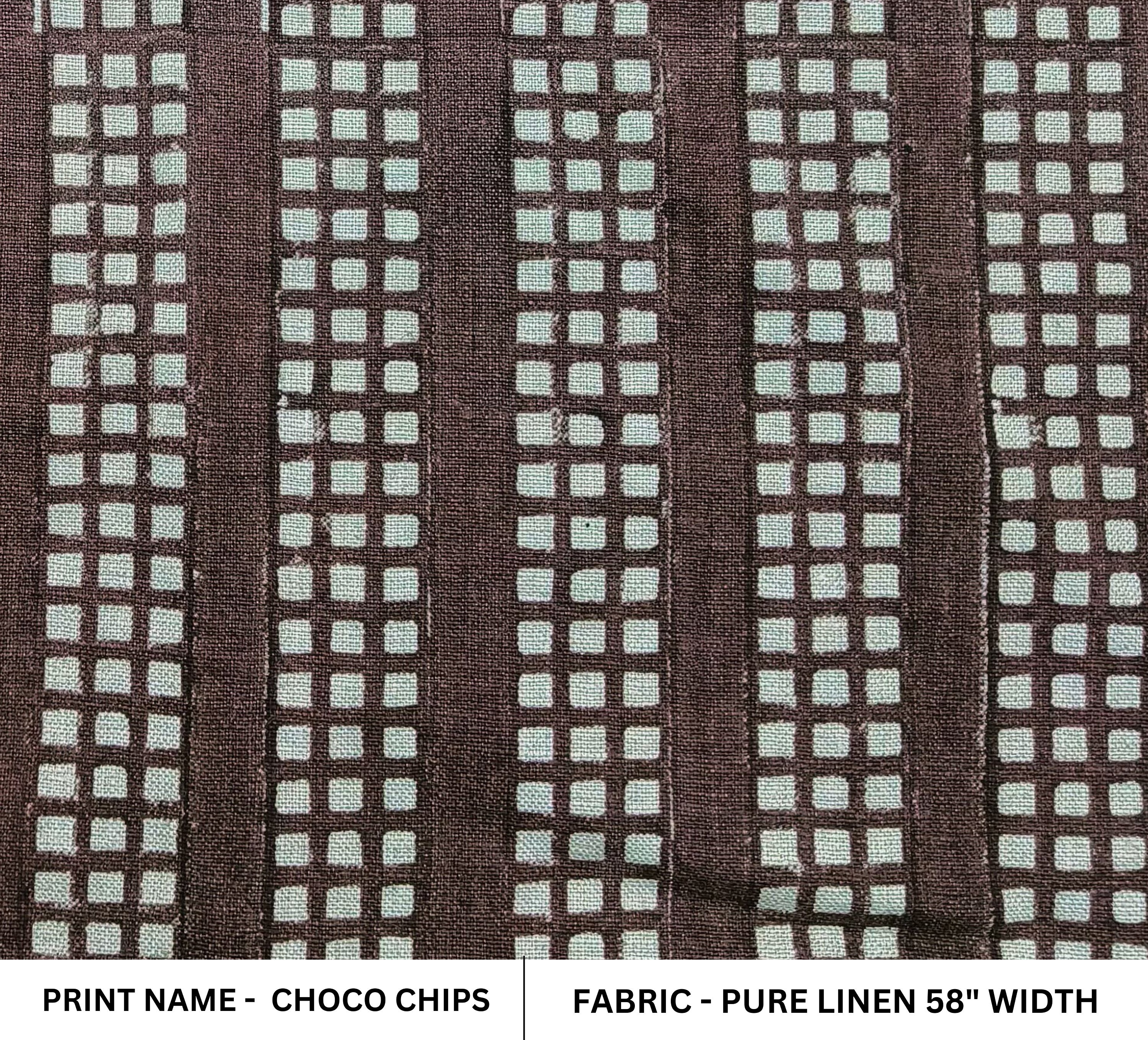 hand block print, pure linen 58" wide, indian chocos printed fabric, sofa and table pillow cover, decorative curtain - CHOCO CHIPS