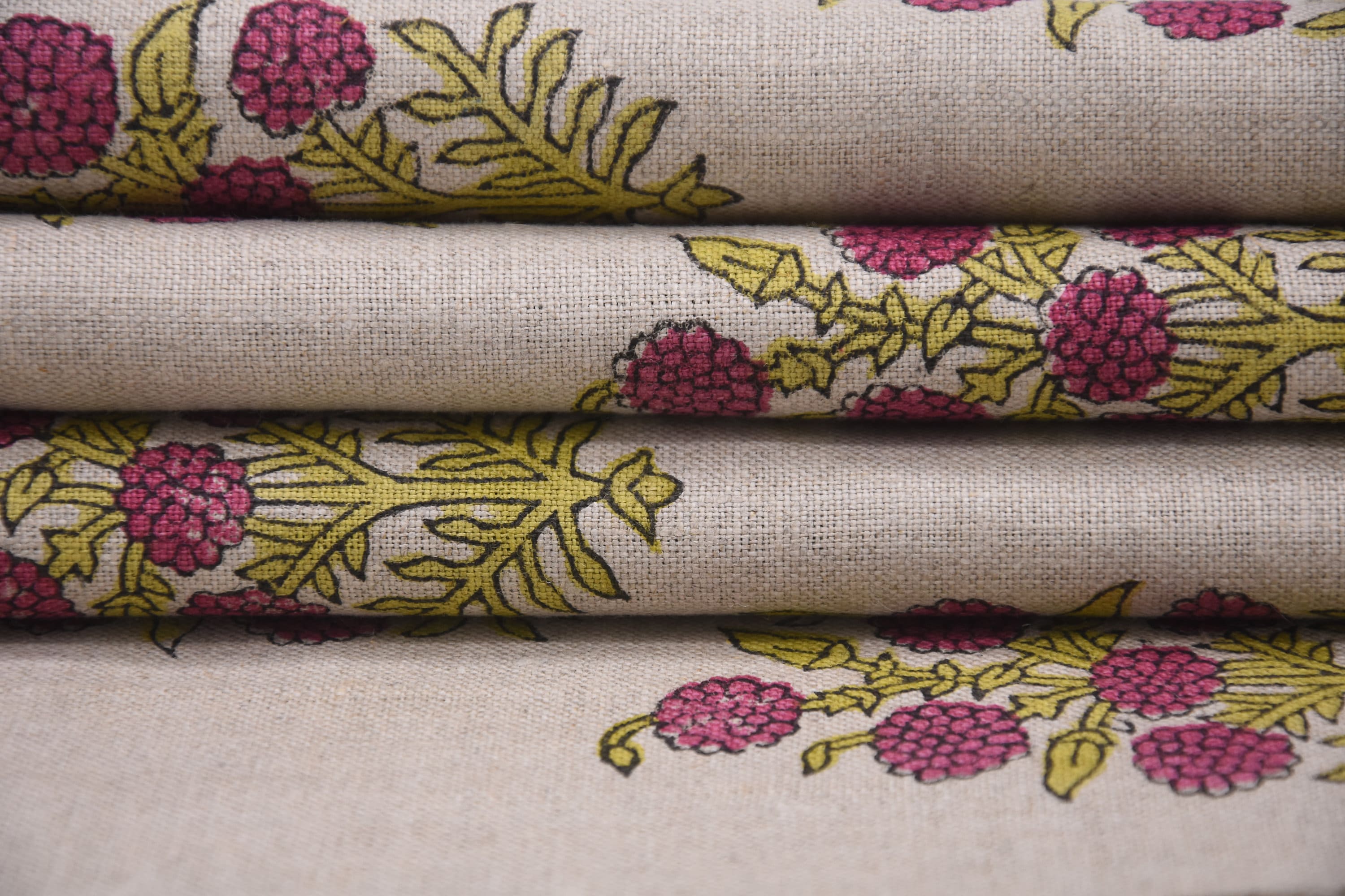 Pure Linen 58" Wide, Indian Handmade Block Print, Decorative Windowpane and Curtain, Pillow Cover and Table Cloth - HJARA