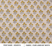 Hand Block Print, Pure Linen 58" Wide, Floral Printed, Sewing Fabric, Pillow Cushion Cover, Upholstery Linen - KESARIYA