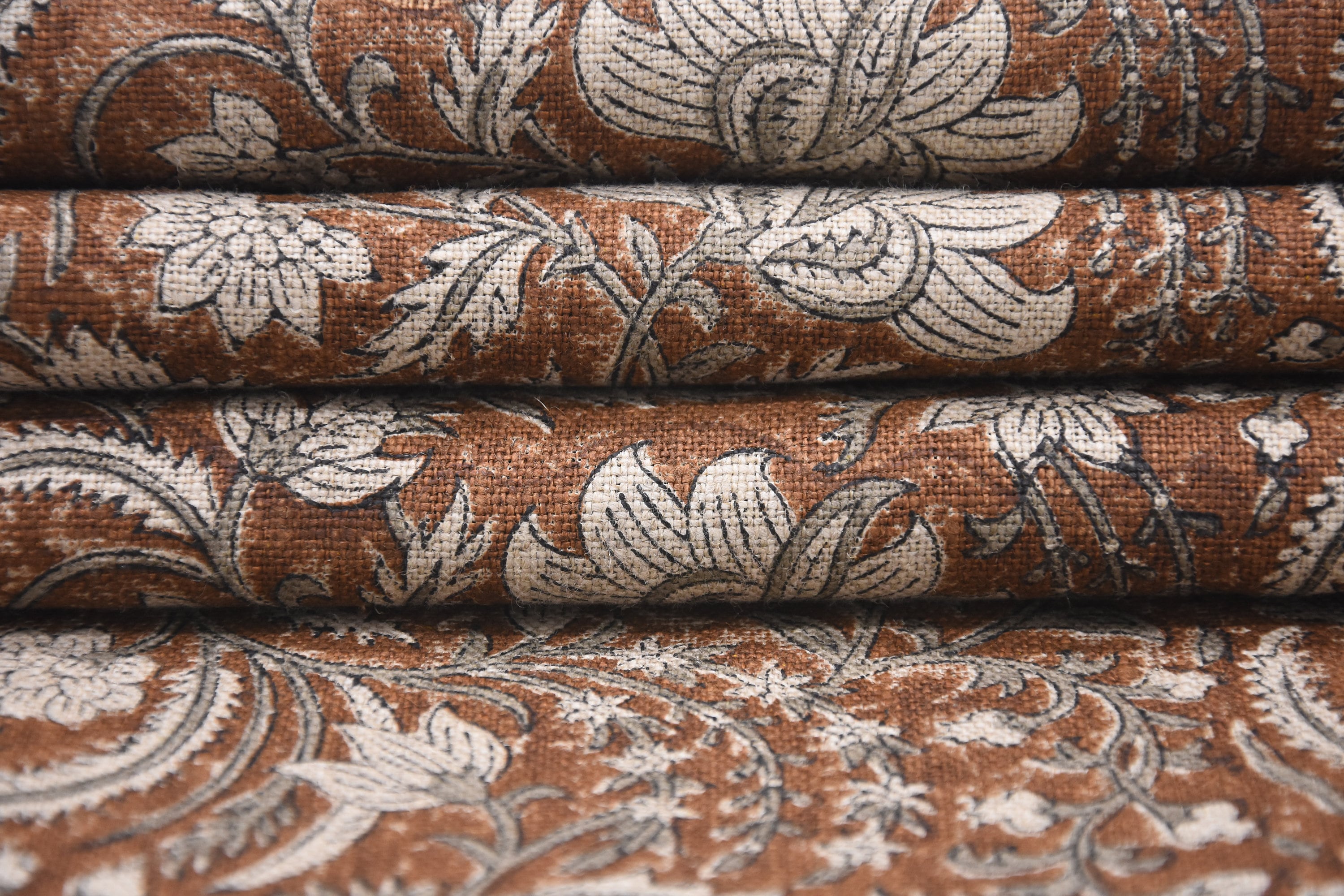 Thick Linen 58" Wide, Handmade Natural Fabric Brown Floral Print, Farmhouse Decorative Pillows and Table Cloth - KUNDANVAN