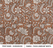 Thick Linen 58" Wide, Handmade Natural Fabric Brown Floral Print, Farmhouse Decorative Pillows and Table Cloth - KUNDANVAN