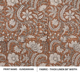 Indian Brown & Light Gray Floral Hand Block Printed on Thick Linen Fabric - KUNDANVAN