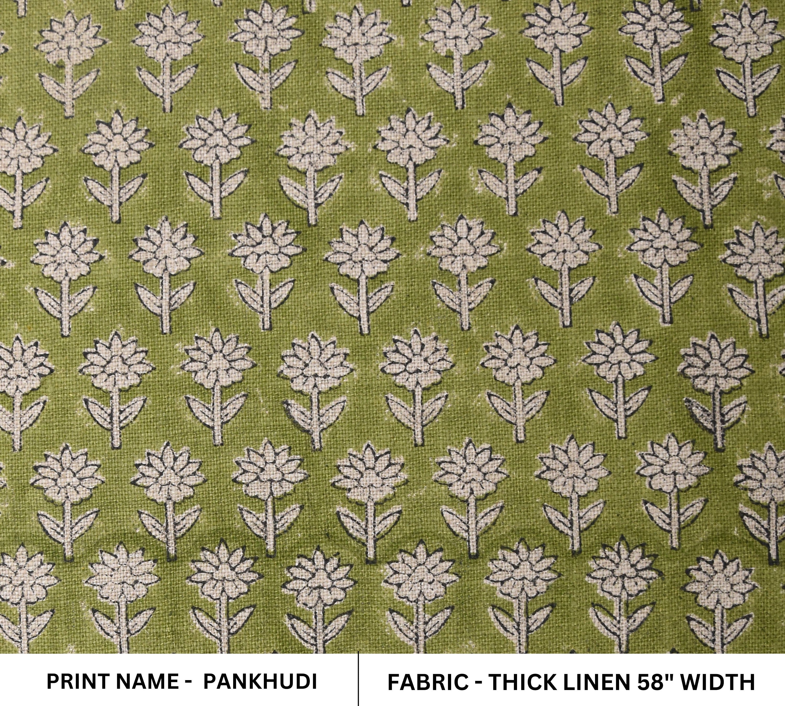 Thick Linen 58" Wide Indian hand block floral print, fabric by the yard, hand made upholstery sofa cover - PANKHUDI