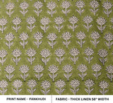 Handcrafted Throw Green Floral Boho Soft Block Printed Thick Linen Fabric - PANKHUDI