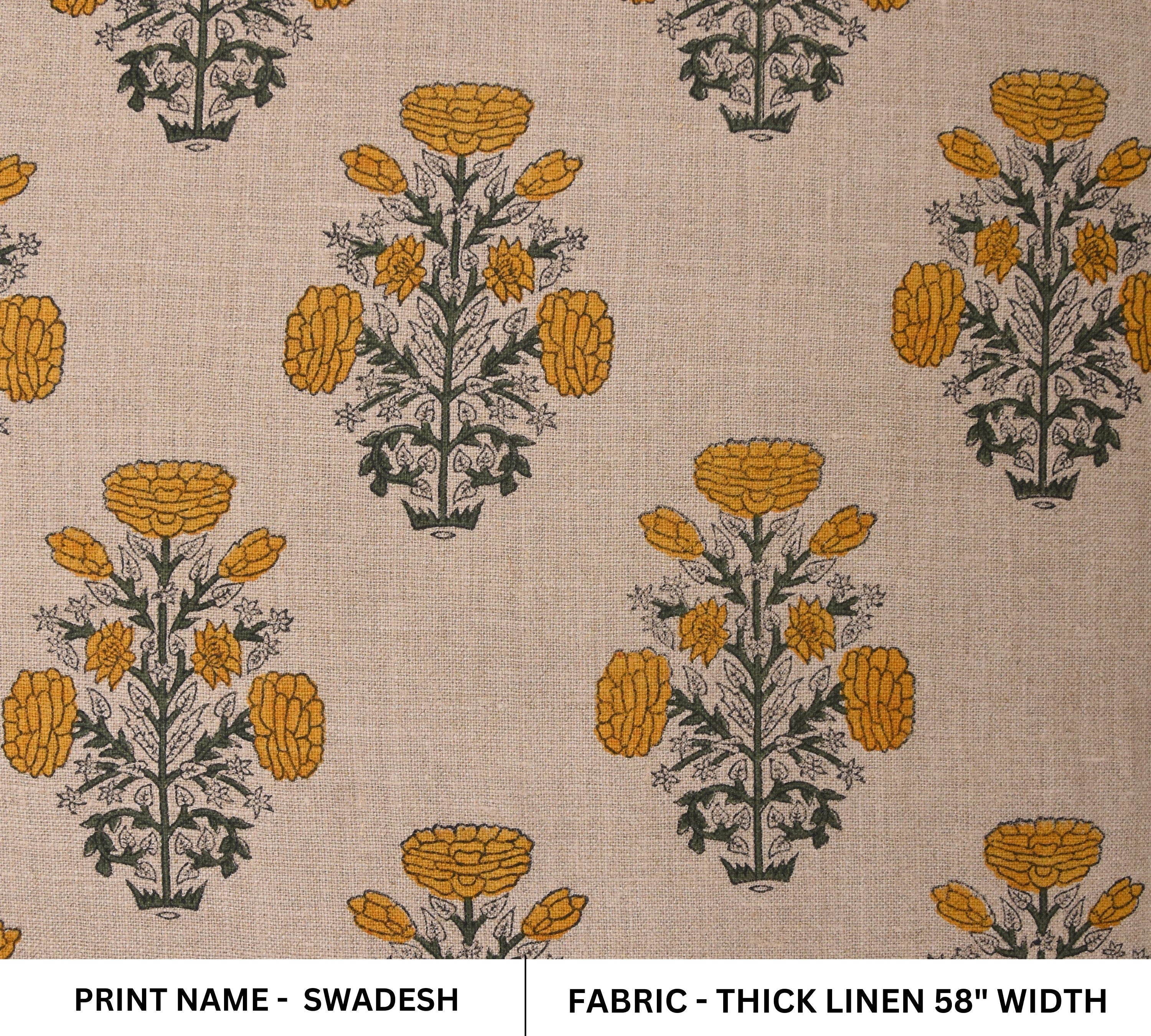 Indian hand block, thick linen 58" wide, hand made mustard floral print, upholstery curtain, table and sofa cover - SWADESH