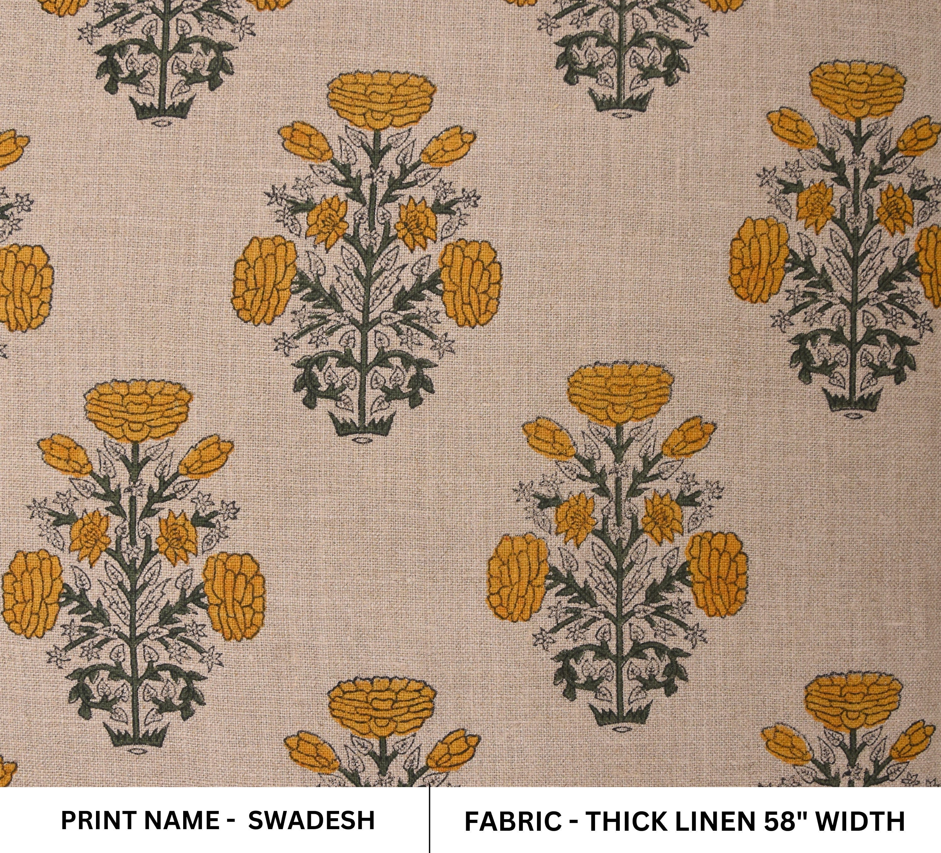 Indian hand block, thick linen 58" wide, hand made mustard floral print, upholstery curtain, table and sofa cover - SWADESH