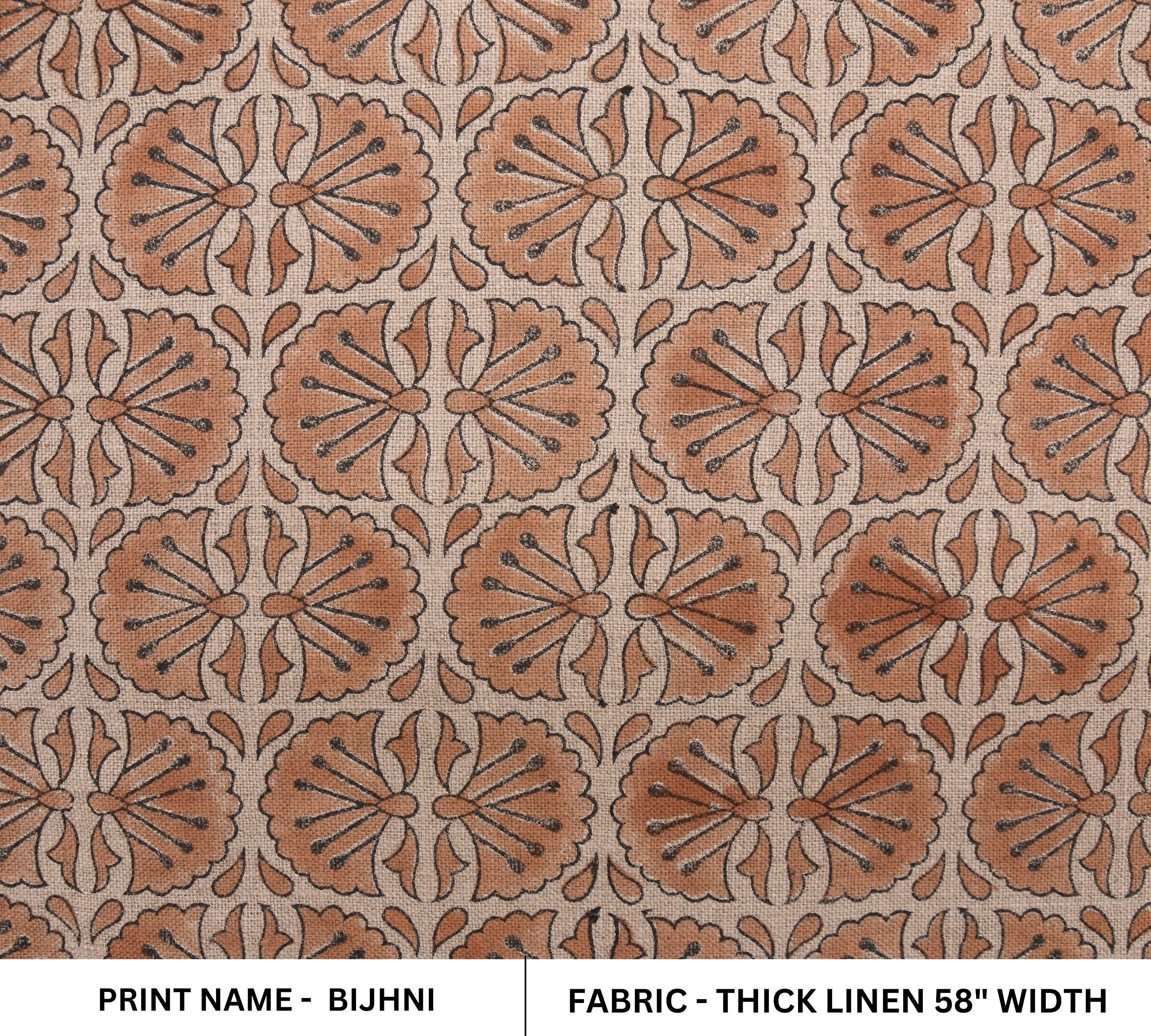 Thick linen 58" Wide, Rust Floral Hand block Linen Pillow Cover, Indian Upholstery Fabric Cushion Cover, Table Cloth - BIJHNI