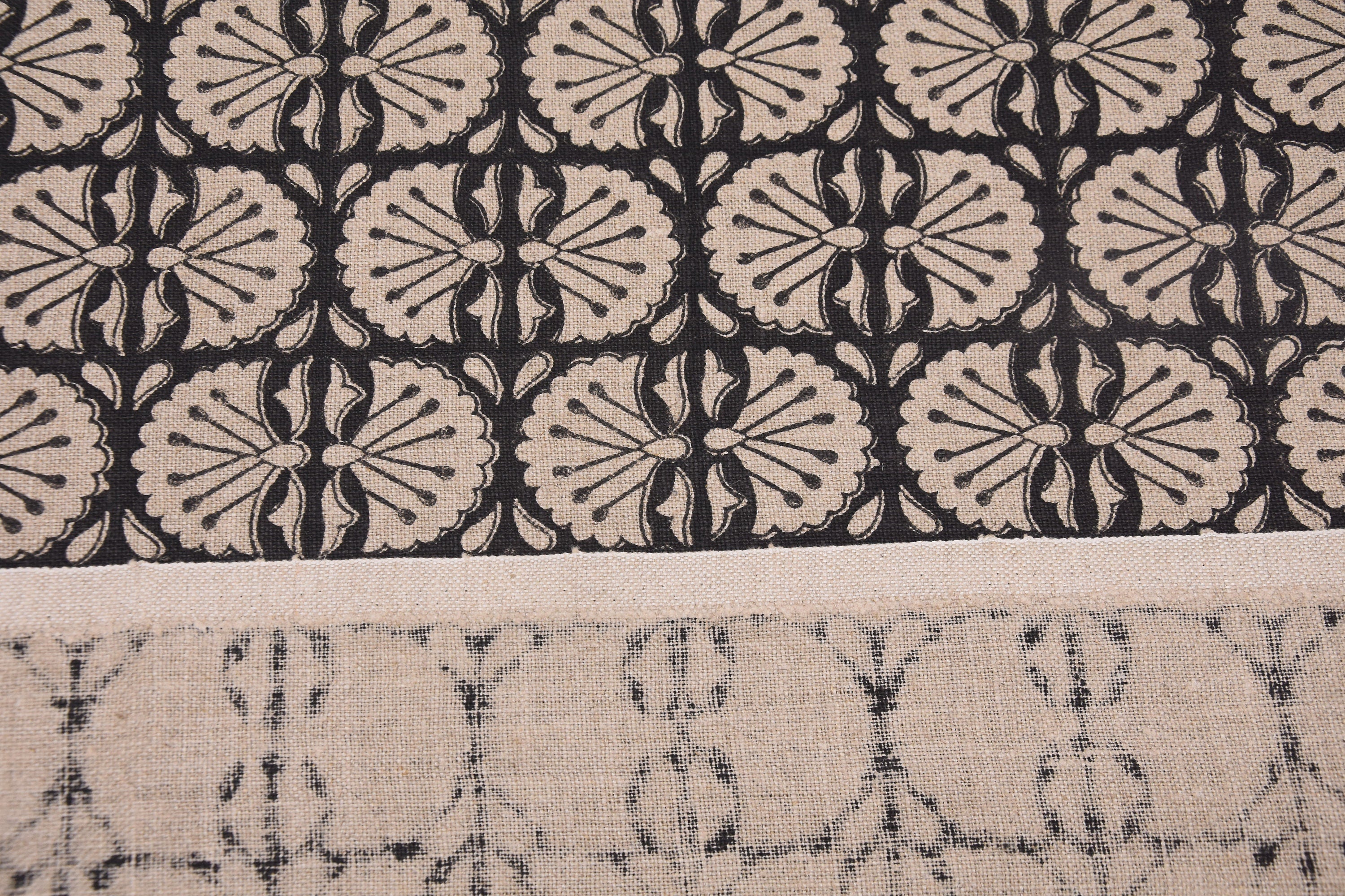 Thick linen 58" Wide, Black Floral Hand block Linen Pillow Cover, Indian Upholstery Fabric Cushion Cover, Table Cloth - BIJHNI