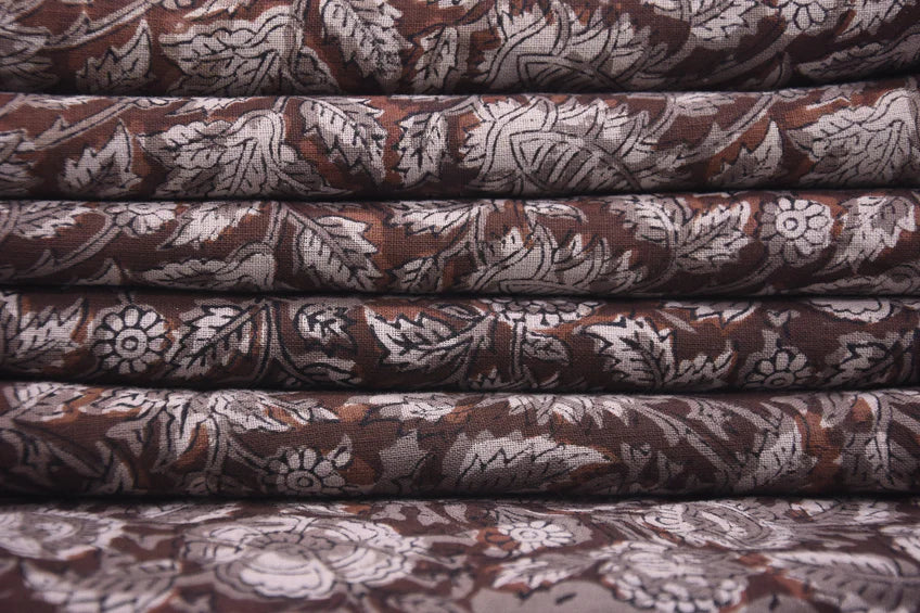 Hand Block Printed Brown Floral Boho Fabric on Pure Linen for Throws Home Decor - Anjali
