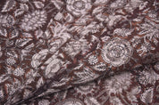 Hand Block Printed Brown Floral Boho Fabric on Pure Linen for Throws Home Decor - Anjali